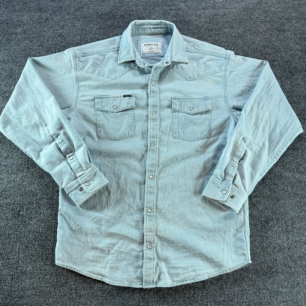 Poncho Outdoors Mens Regular Fit Western Pearl Snap Denim Shirt Light Wash Blue